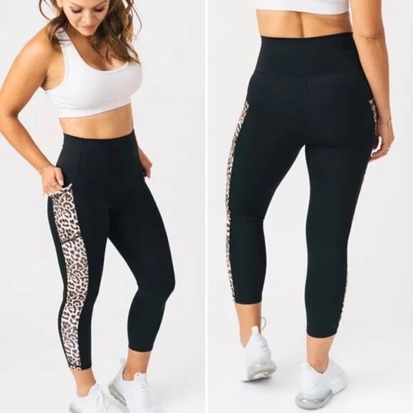 Zyia Active Leggings Women’s 4 Brilliant High Waist Black & Leopard Pocket Crop - Picture 1 of 8